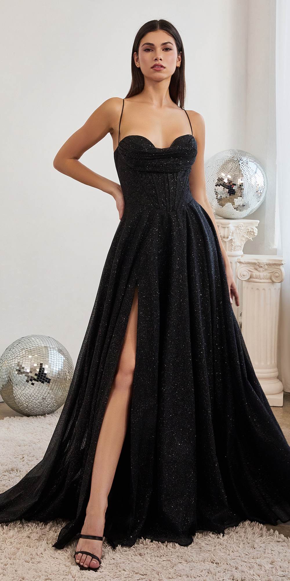 Black glitter ball gown with sweetheart neckline, thin straps, side slit, A-line skirt