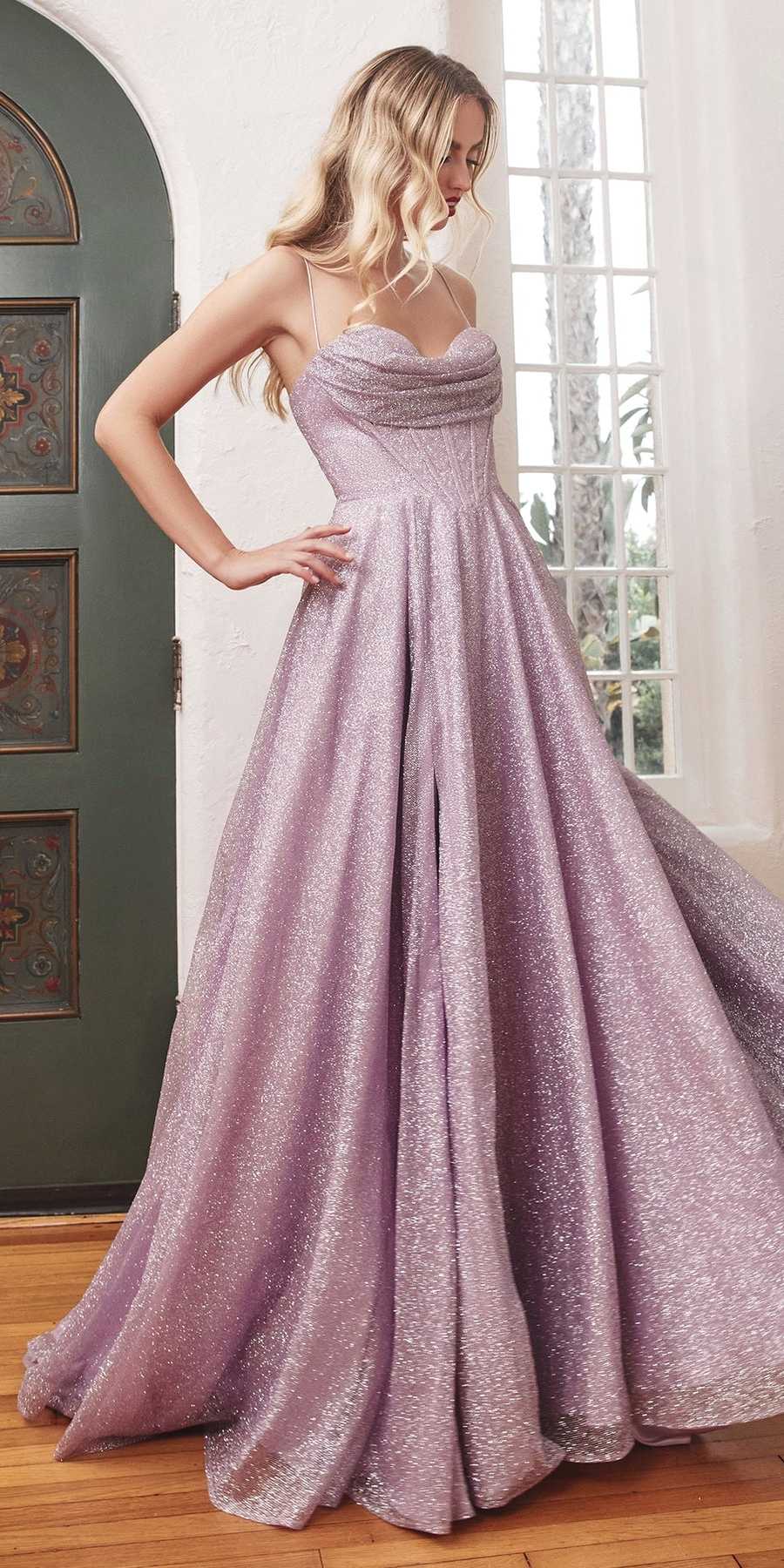 Lilac glitter A-line ball gown with sweetheart neckline, thin straps, front slit