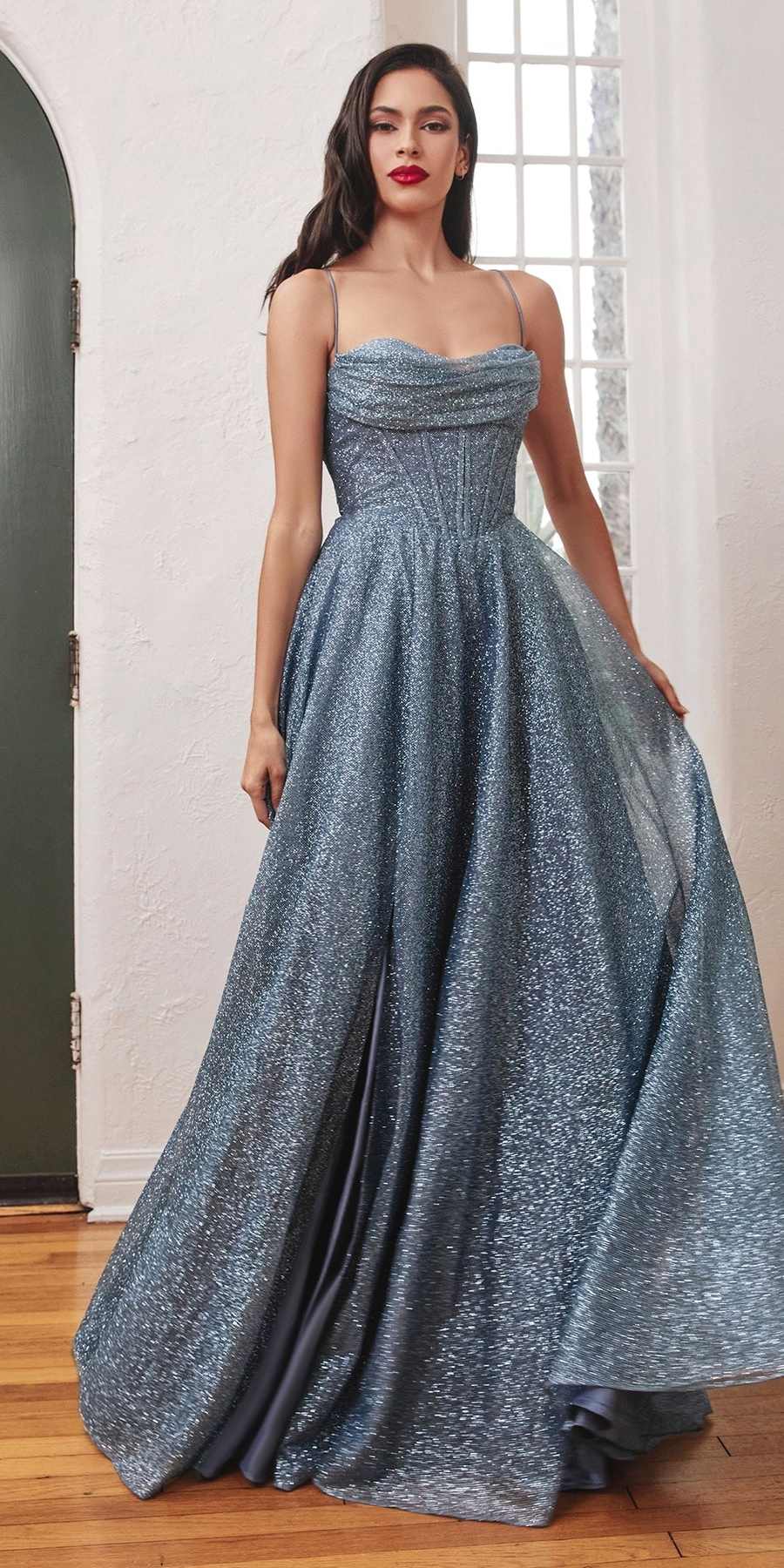 Blue metallic glitter ball gown with sweetheart neckline, thin straps, side slit, A-line