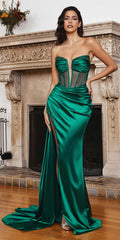 Emerald green strapless satin corset gown with boned bodice and high side slit