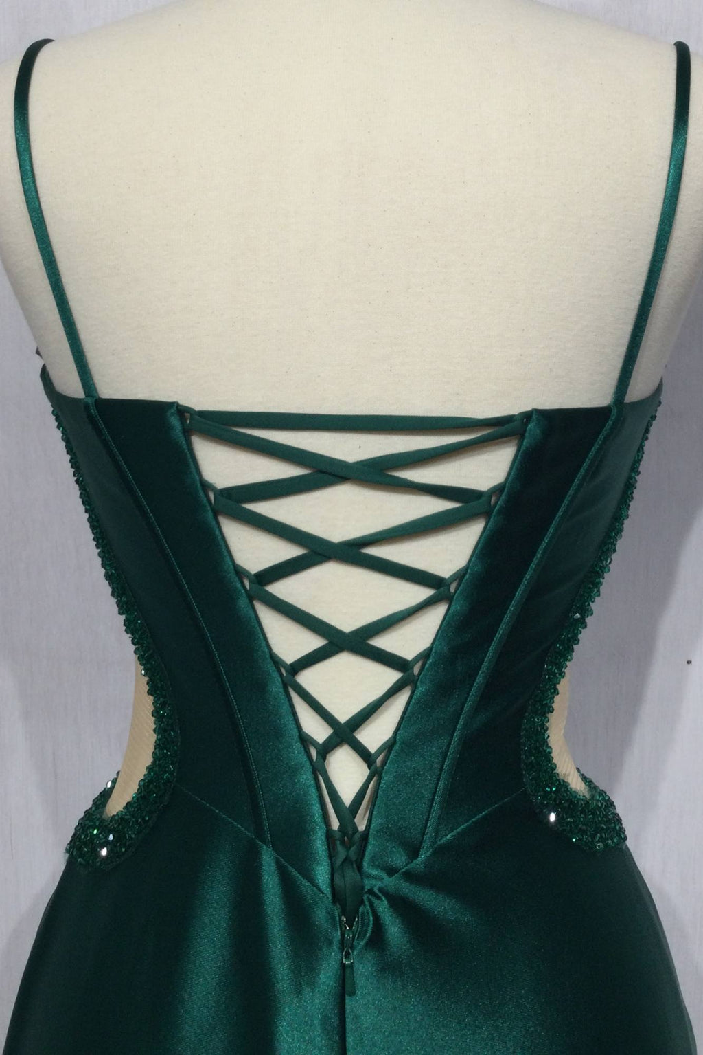 Dark green satin corset gown back with crisscross lace-up detail