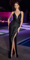 Black sequin formal gown with plunging V neckline and thigh-high slit