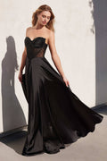Strapless beaded satin A-line prom dress, black corset bodice with full skirt