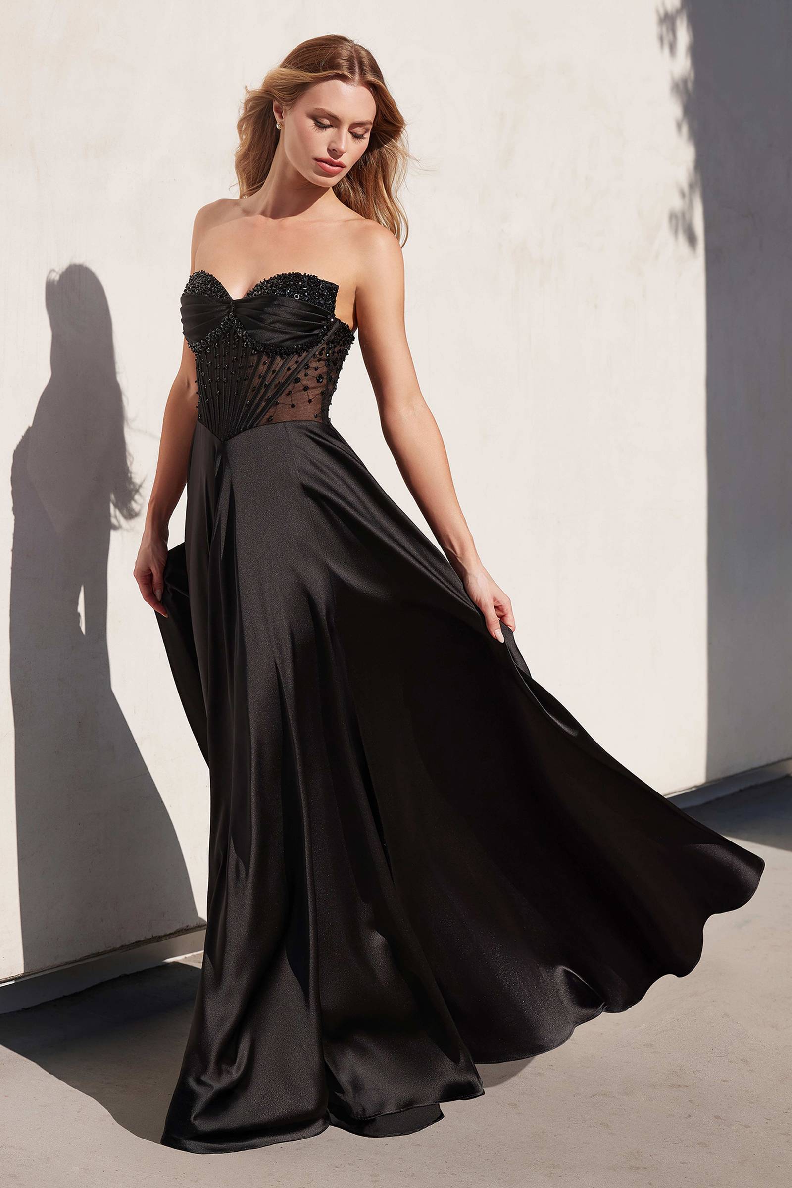 Strapless beaded satin A-line prom dress, black corset bodice with full skirt