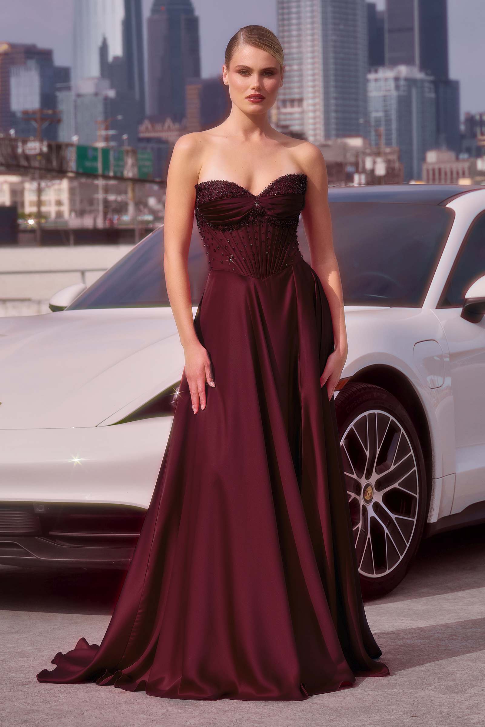 Burgundy strapless beaded satin A-line evening gown with sweetheart neckline