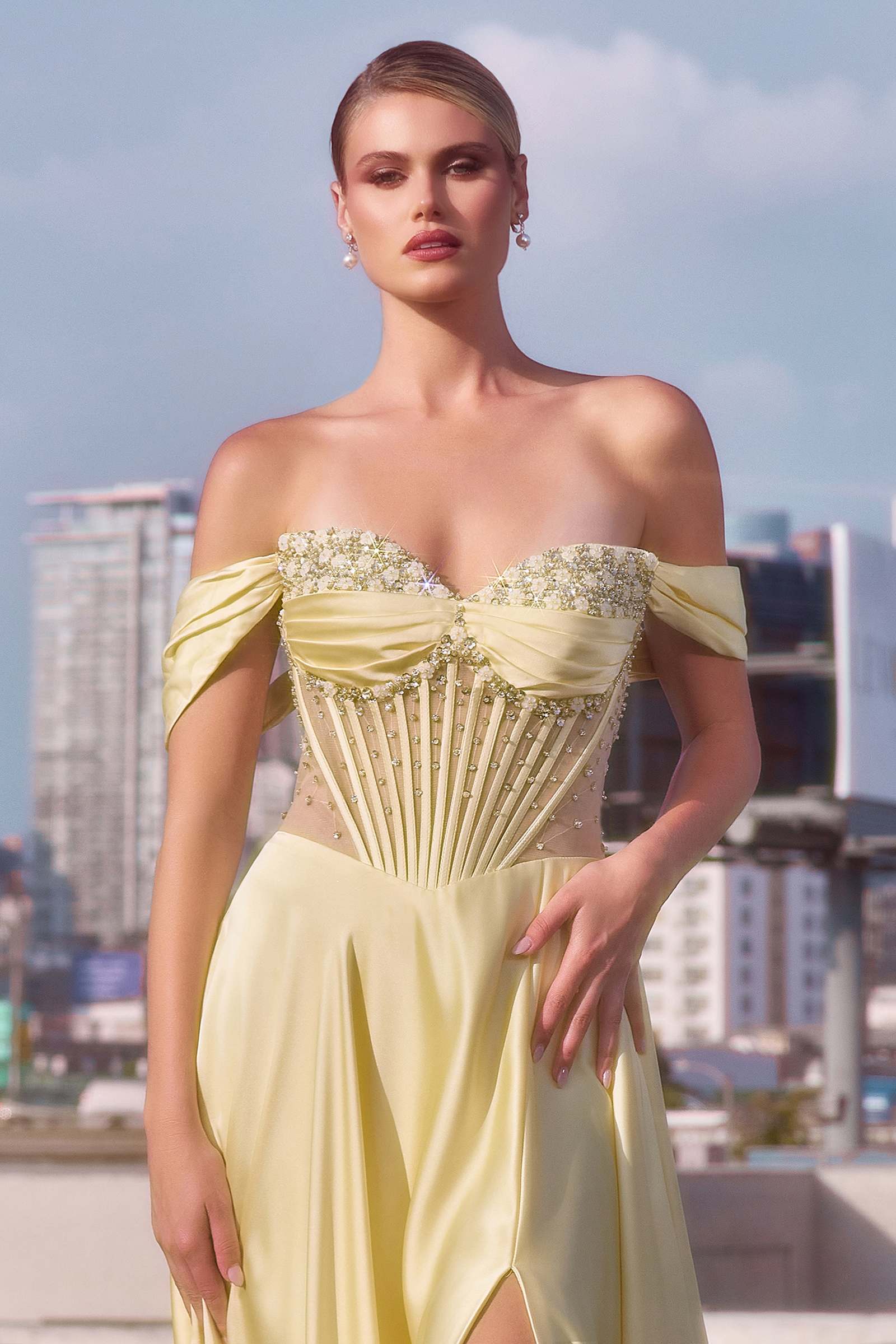 Beaded satin A-line prom dress, off-shoulder sweetheart neckline, light yellow.