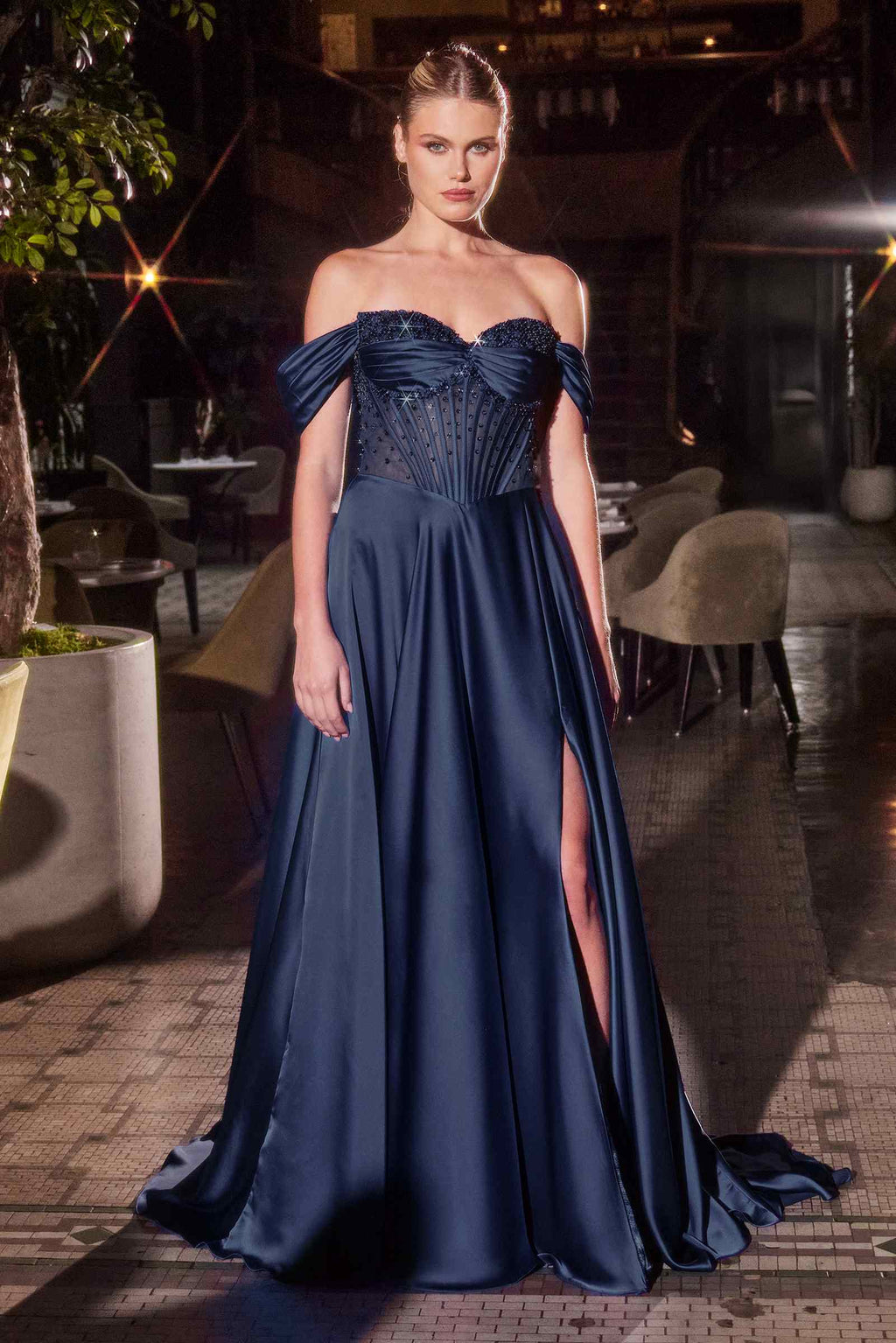 Strapless beaded satin A-line prom dress, deep blue with sculpted bodice