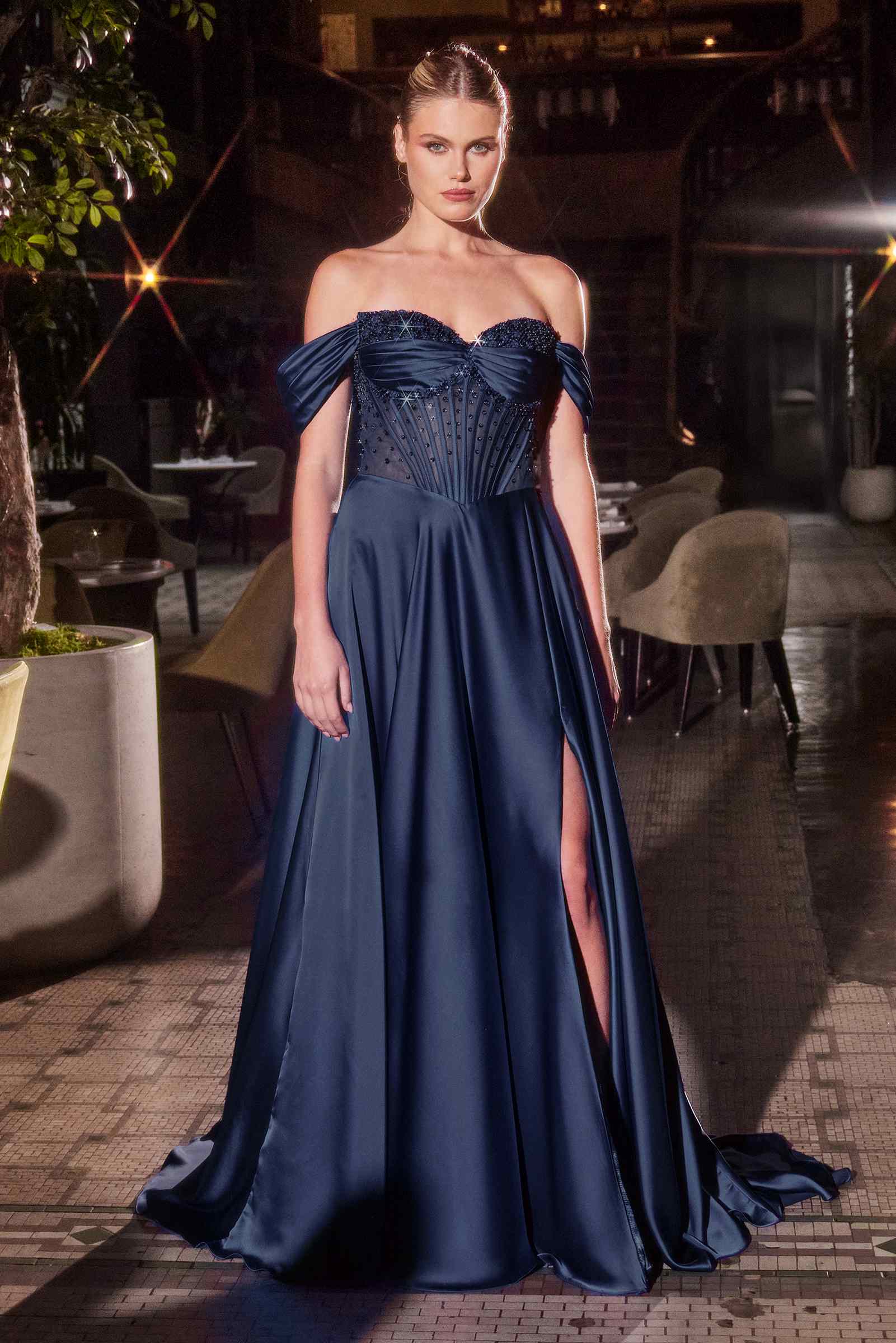 Strapless beaded satin A-line prom dress, deep blue with sculpted bodice