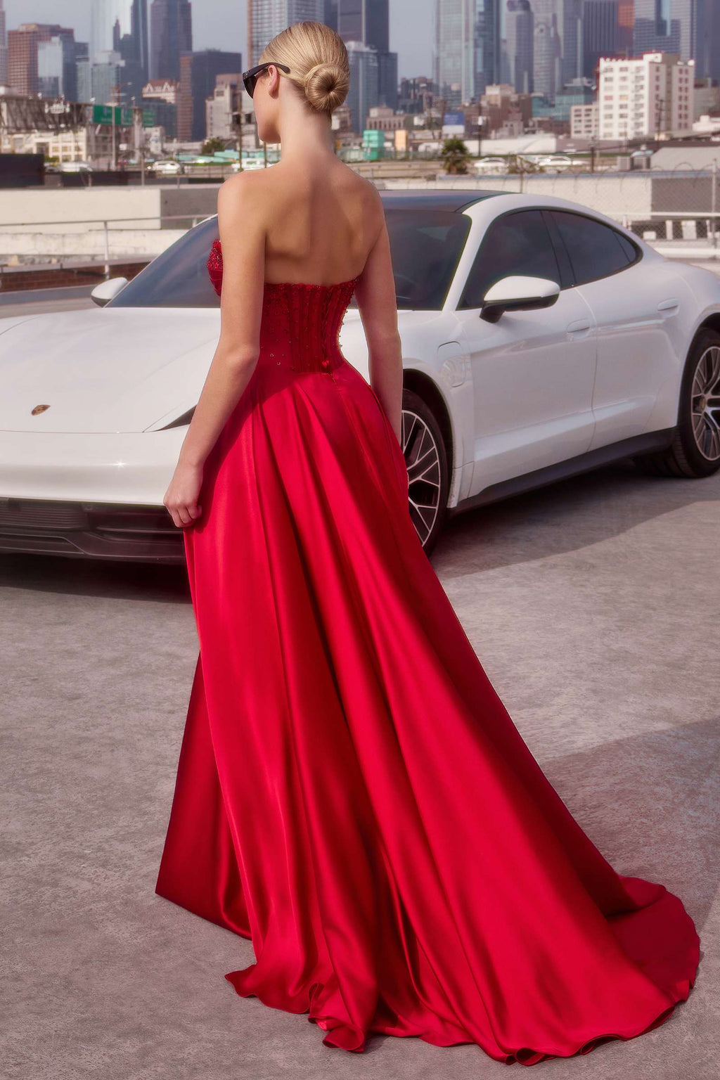 Beaded satin A-line prom dress, strapless sweetheart bodice, red, floor length.