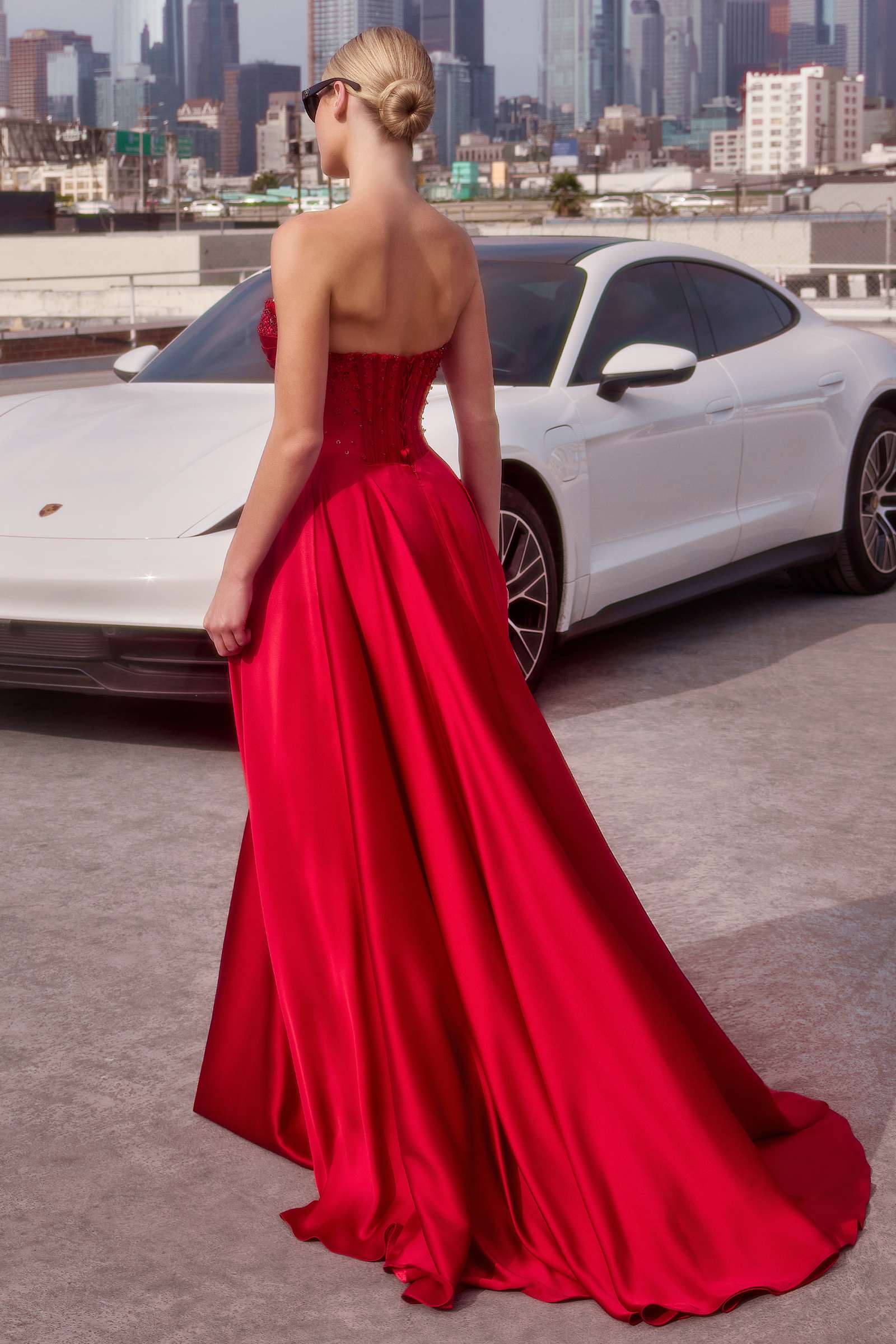 Beaded satin A-line prom dress, strapless sweetheart bodice, red, floor length.