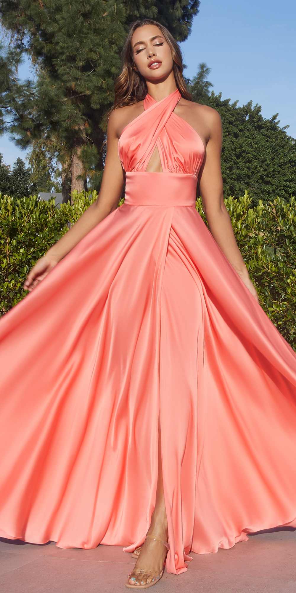 Coral satin A-line long dress with halter neckline and side slit
