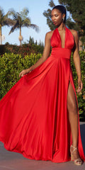 Red satin A-line long dress with halter straps and side slit