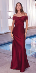 Burgundy off-shoulder satin A-line floor-length dress with ruched center