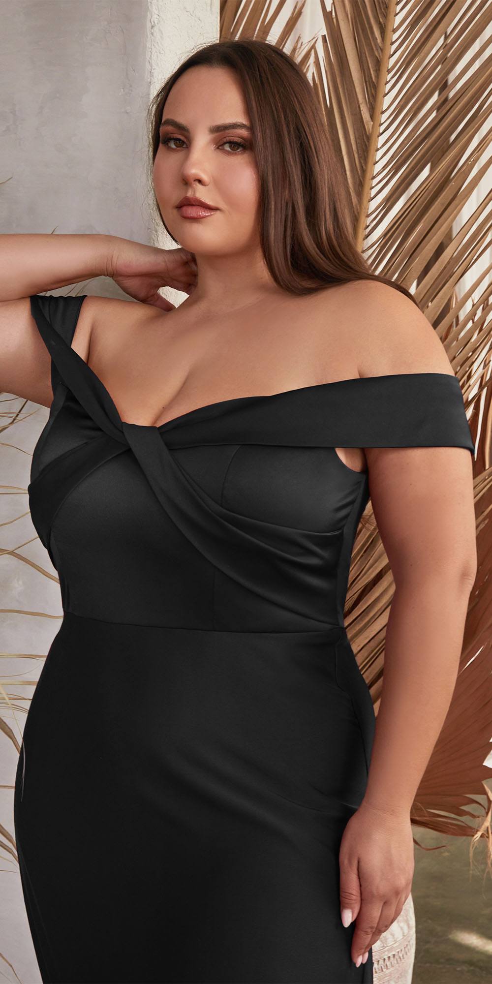 Black off-shoulder satin A-line floor-length dress with waist bow detail