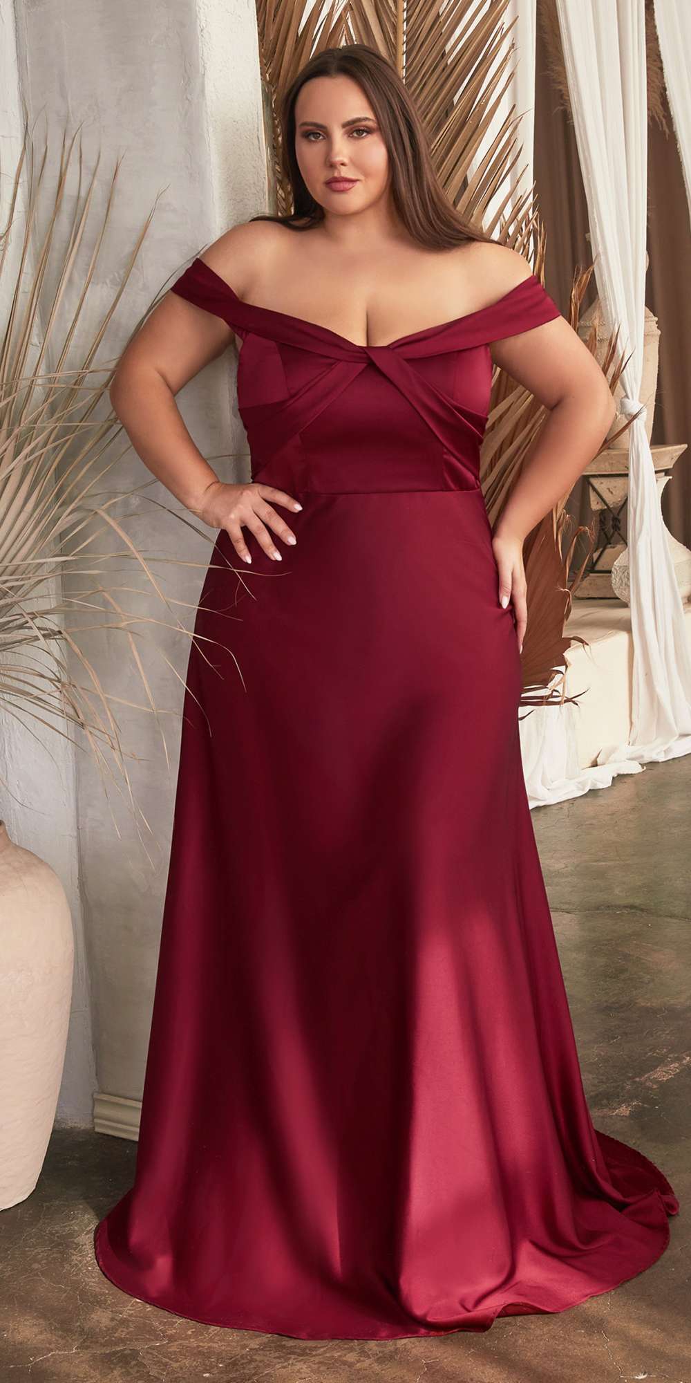 Burgundy off-shoulder satin A-line floor-length dress with bow detail at bust