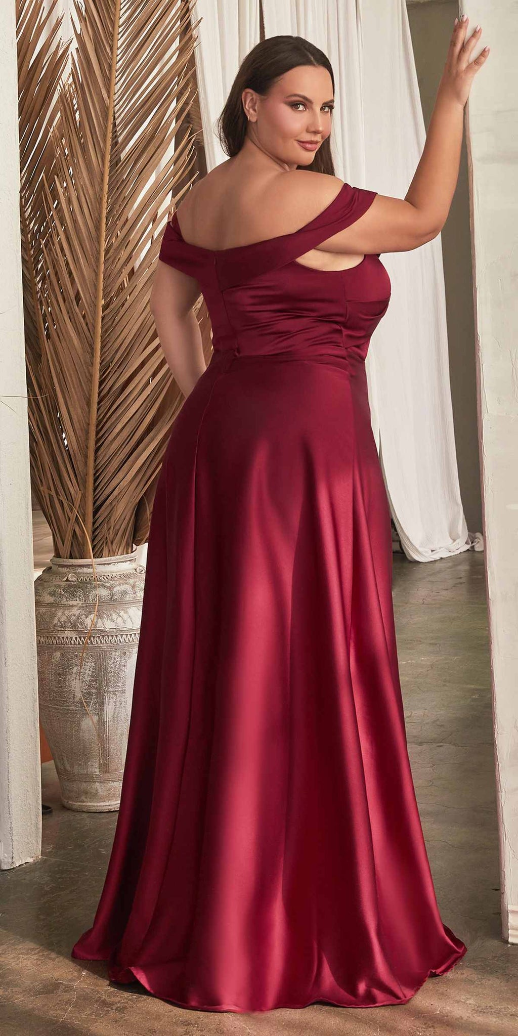 Burgundy off-shoulder satin A-line floor-length dress with tied neckline