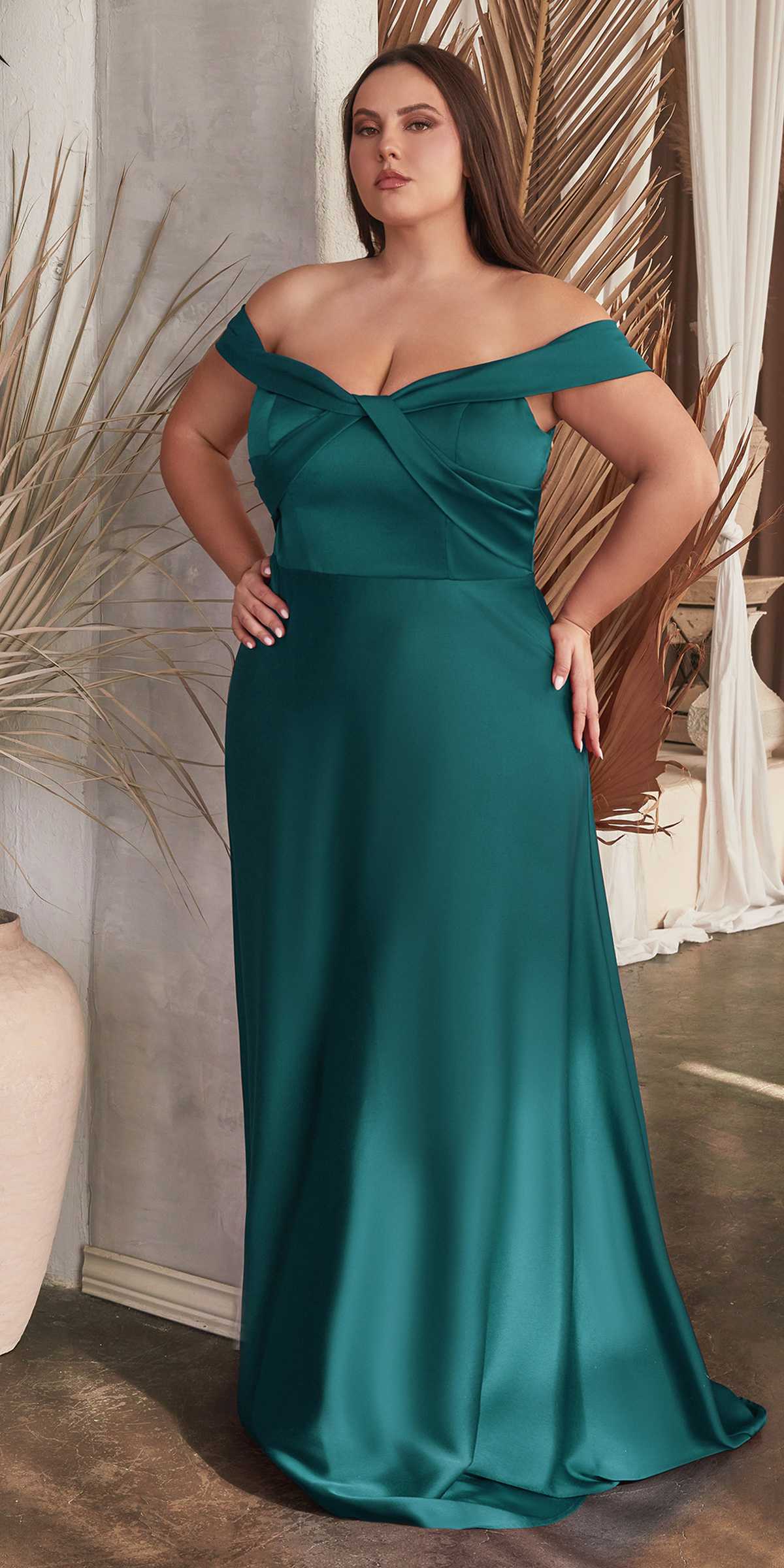 Off-shoulder satin A-line floor-length dress, emerald green with ruched neckline