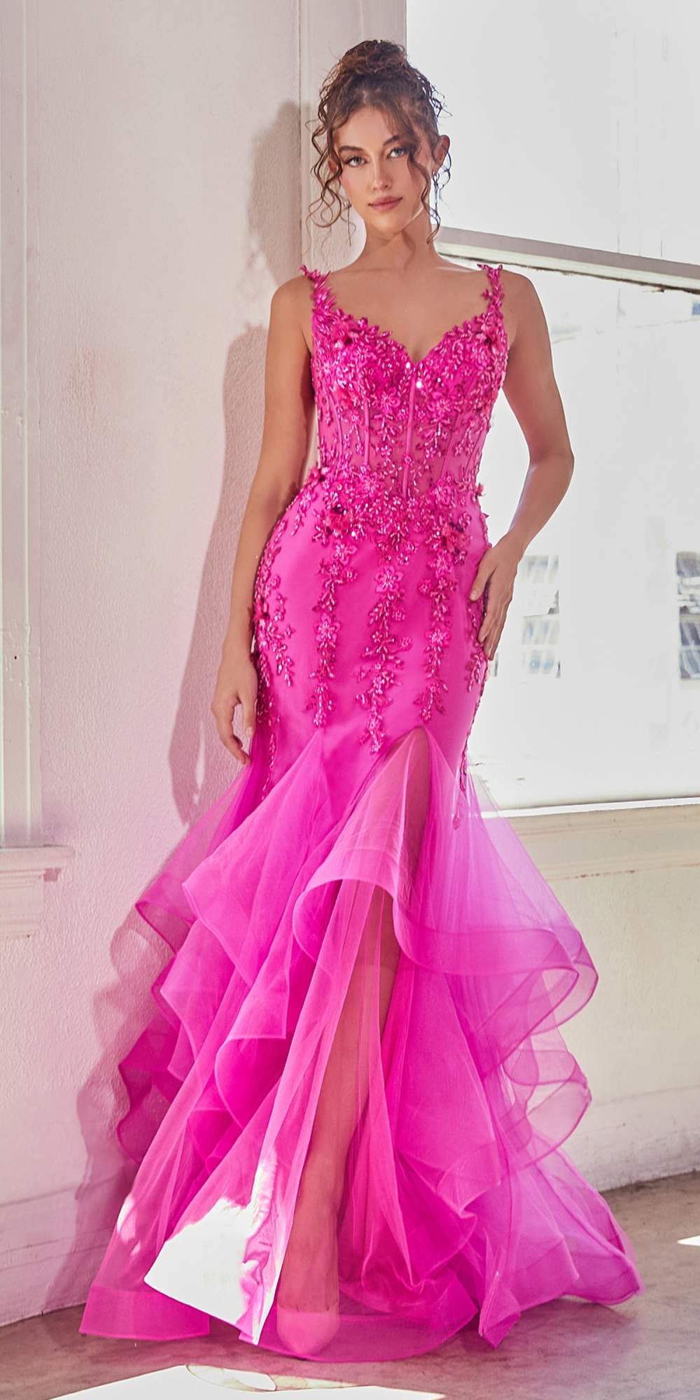 Fuchsia mermaid ruffle gown with embellished bodice and layered tulle skirt
