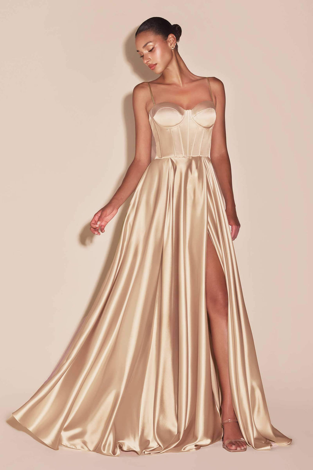 Gold champagne satin bustier A-line slit dress with sweetheart neckline