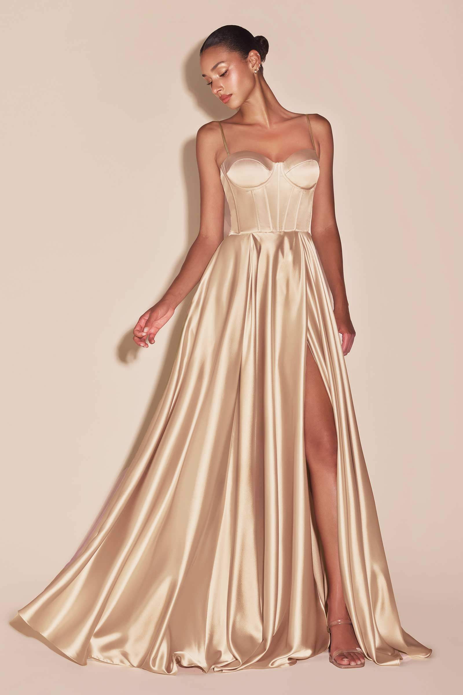 Gold champagne satin bustier A-line slit dress with sweetheart neckline