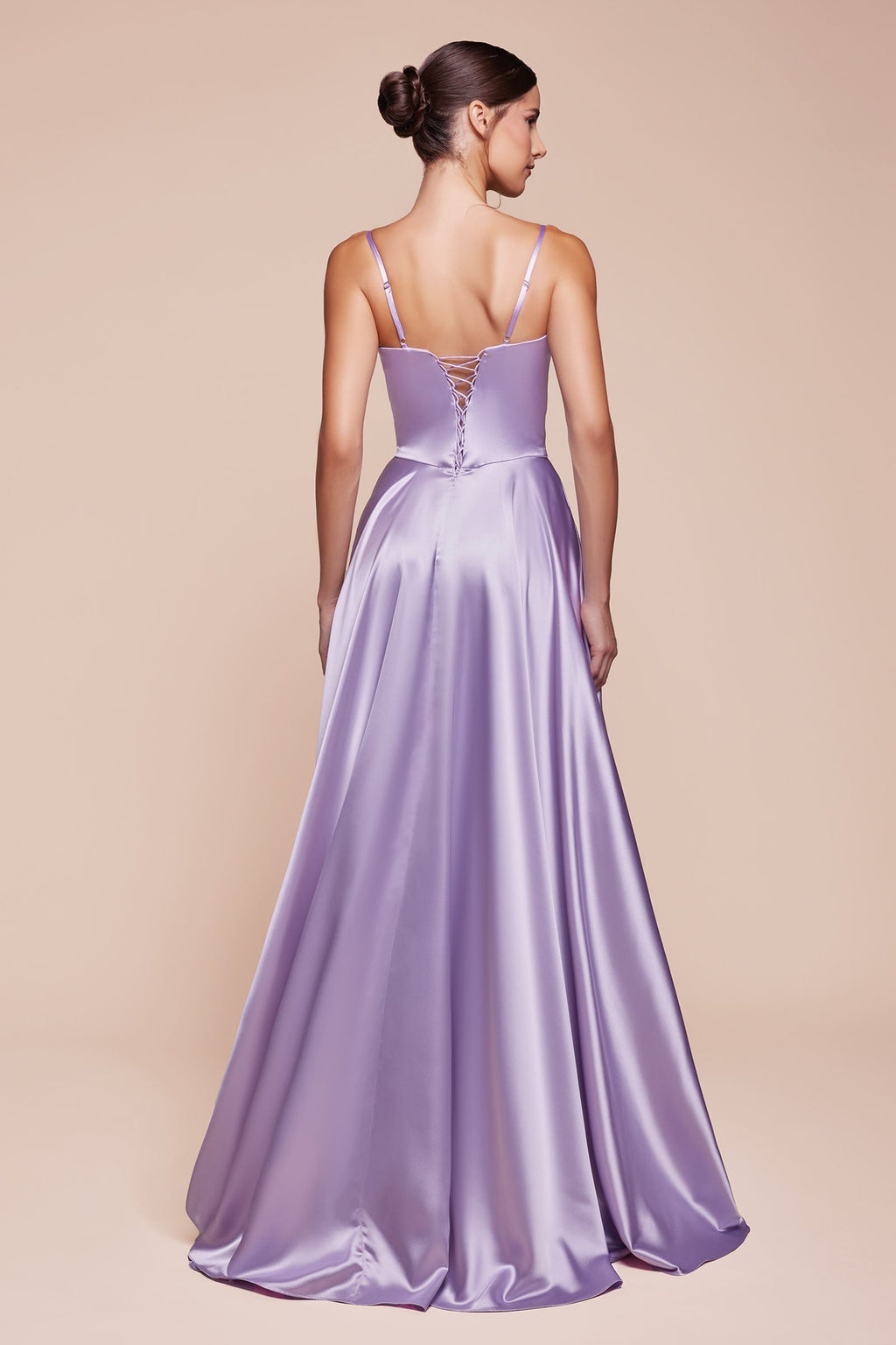 Lavender satin A-line slit dress with low back and spaghetti straps