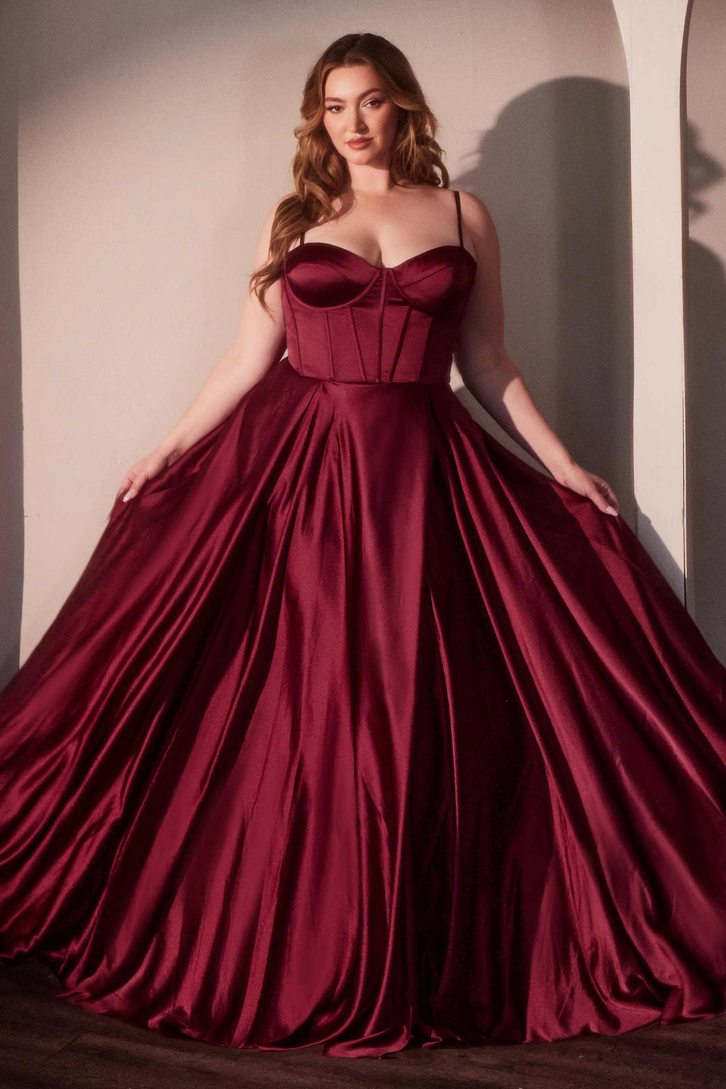 Deep red satin A-line prom dress, sweetheart bustier, spaghetti straps, side slit