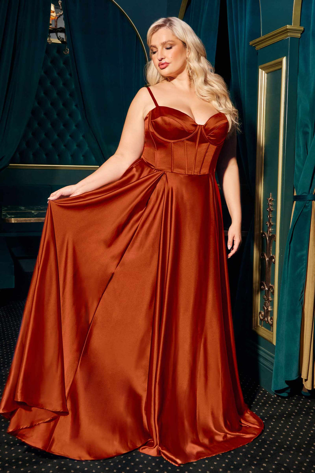 Satin long A-line prom dress with corset-style bustier, spaghetti straps, and side slit; warm brown