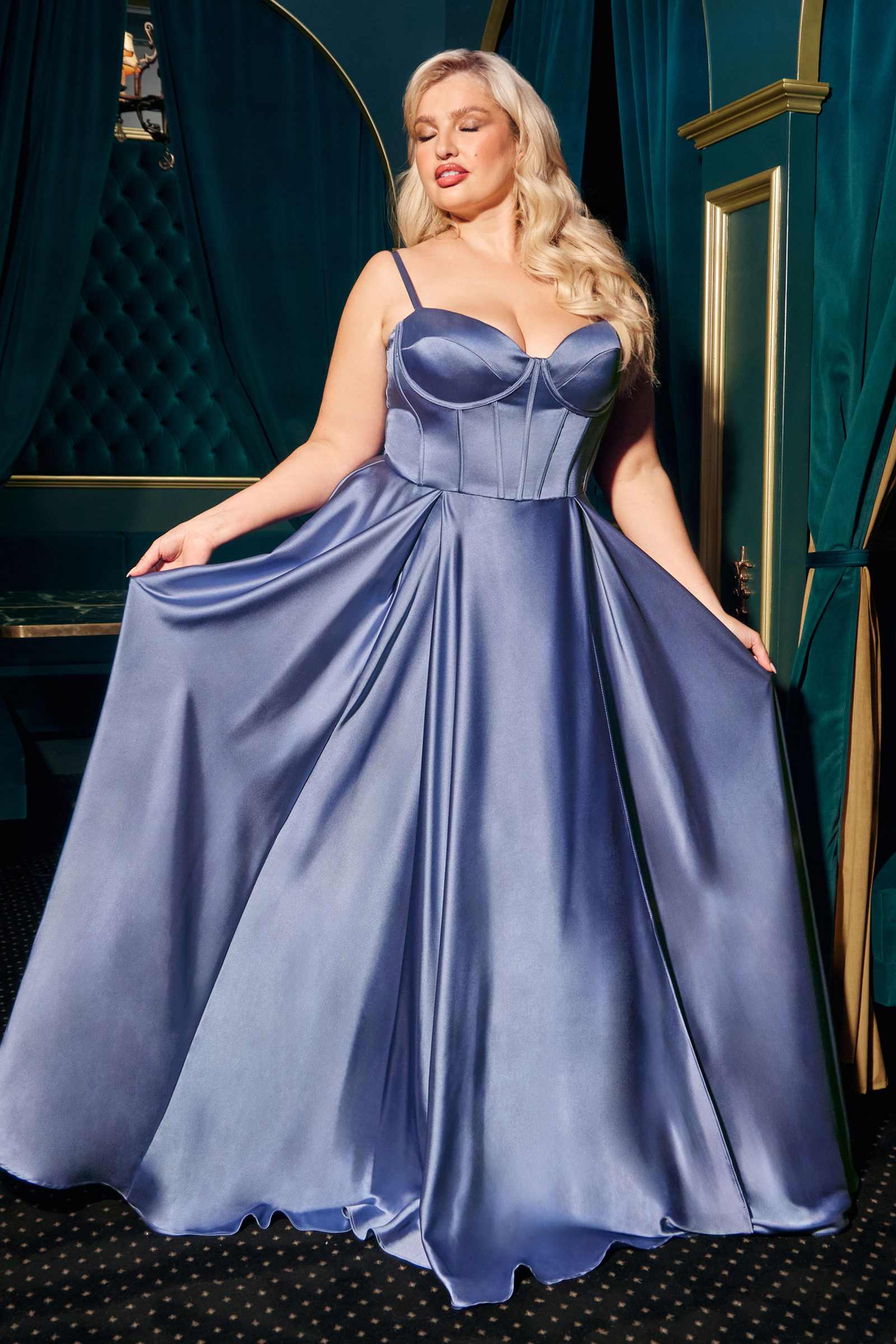 Satin long A-line prom dress with corset-style bustier, spaghetti straps, and side slit; dusty blue