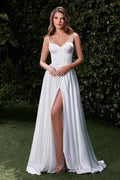 Off-white satin A-line slit bustier long dress with thin straps