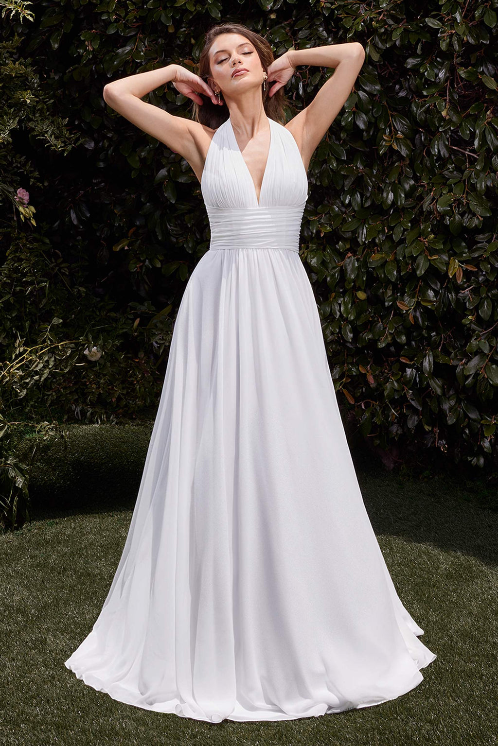 Off-white satin halter A-line bridal dress with V neckline