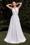 Off-white satin halter A-line bridal dress with V neckline