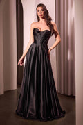 Black strapless satin A-line gown with sweetheart neckline and gathered skirt