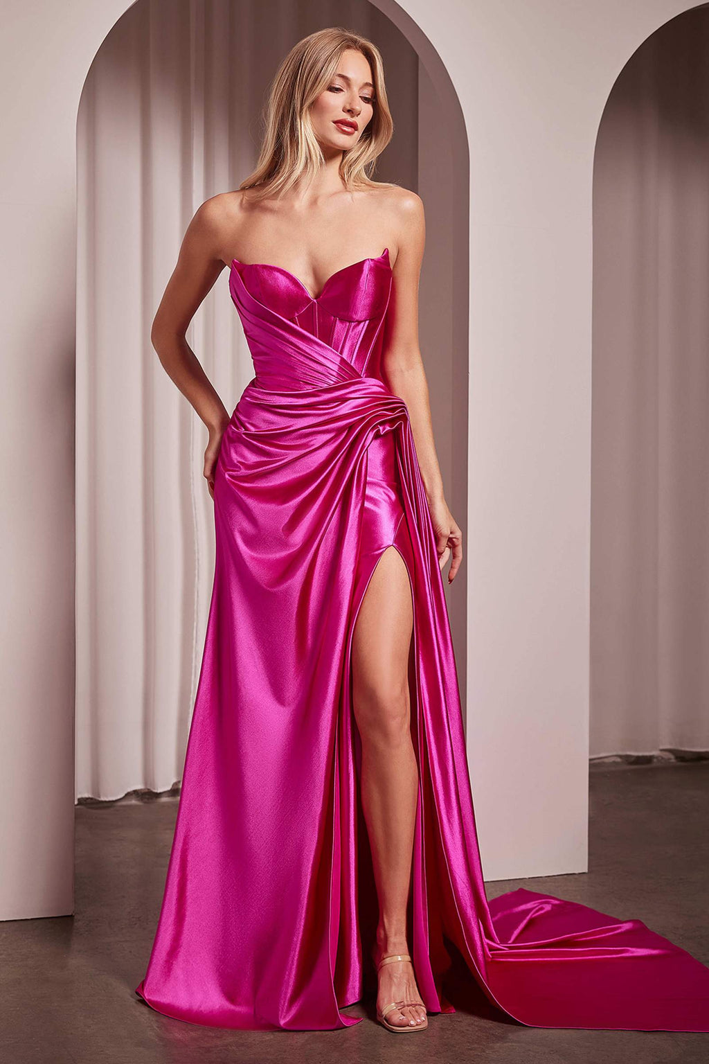 Fuchsia strapless fitted satin gown with sweetheart neckline and side slit
