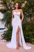 Off-white strapless sweetheart bridal gown, corset bodice, draped skirt with front slit