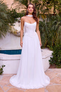 Off-white strapless A-line bridal gown with sweetheart neckline and smooth bodice