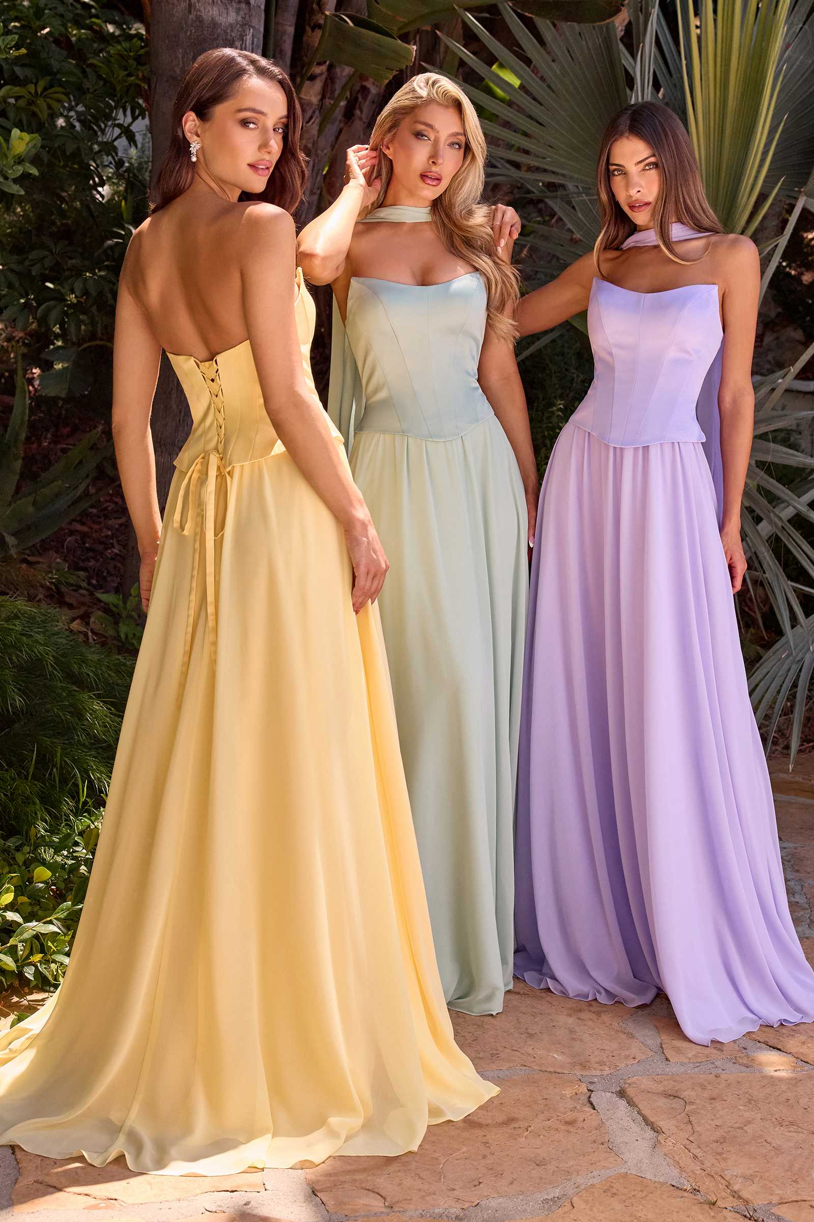 Strapless A-line gowns with curved neckline and boned bodice, golden yellow, mint, and lilac.