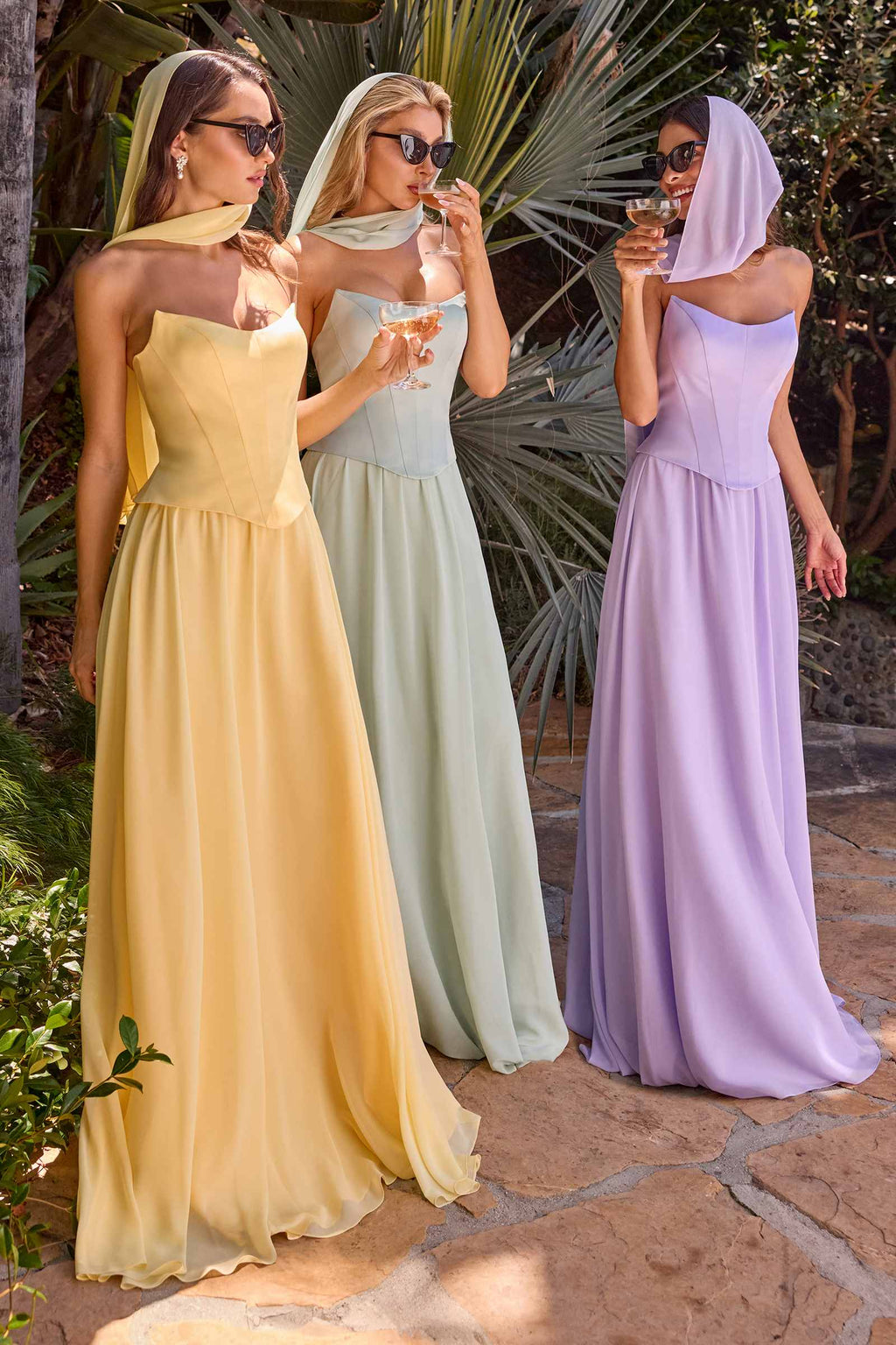 Strapless A-line gowns with curved neckline and boned bodice, pale yellow, mint, and lavender.