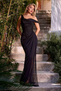 Black off-shoulder evening dress with ruched bodice and draped floor-length skirt
