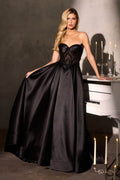 Black strapless formal dress with sweetheart neckline, beaded bodice, full skirt