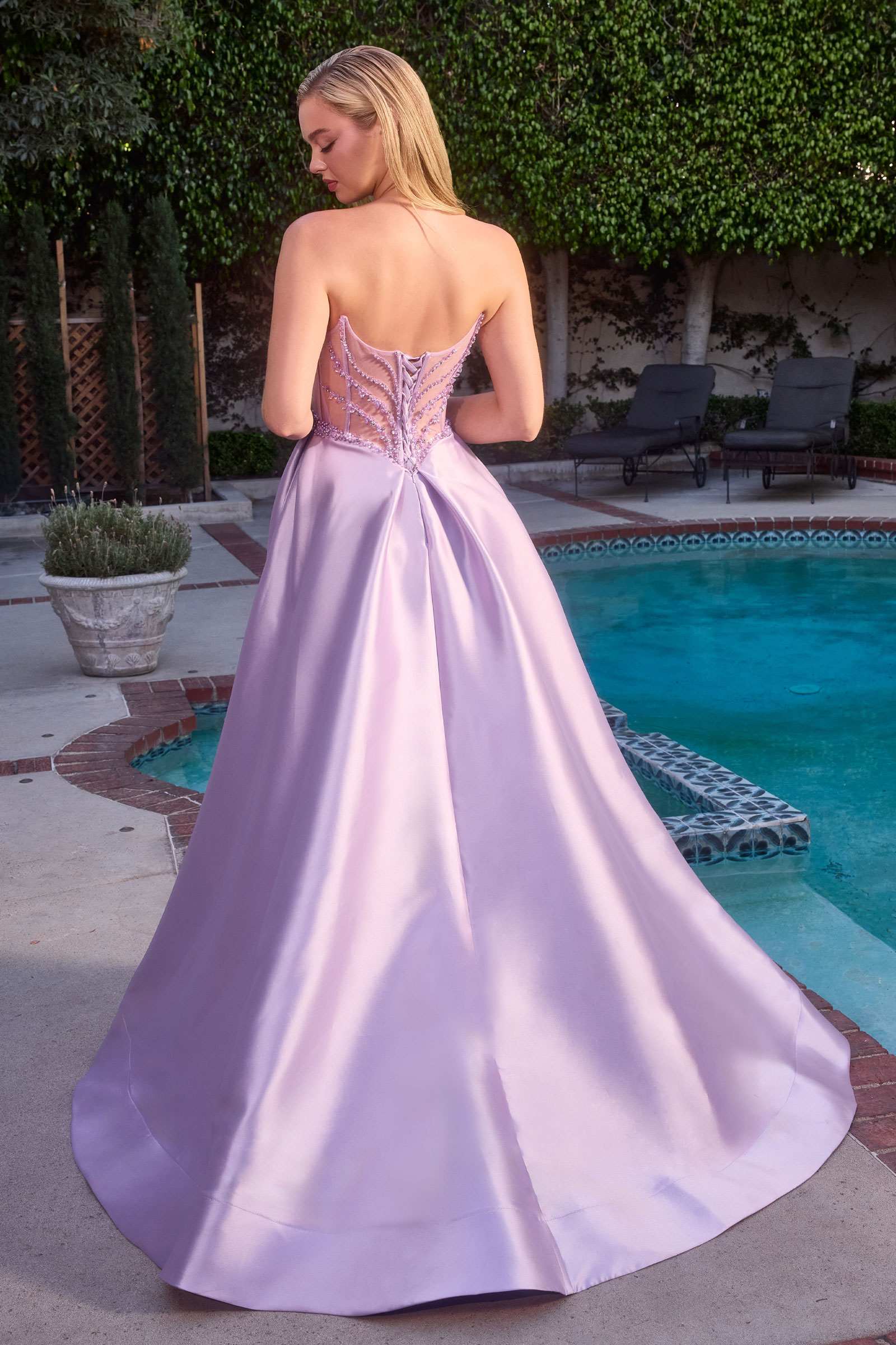 Lavender strapless A-line formal dress with detailed bodice and full long skirt