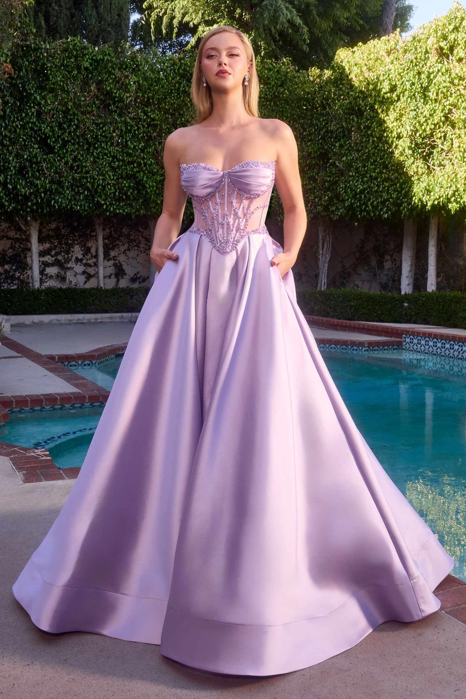 Lavender strapless A-line formal dress with beaded bodice and flowing long skirt
