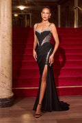 Black fitted formal dress with sweetheart neckline, beaded corset bodice, and side slit