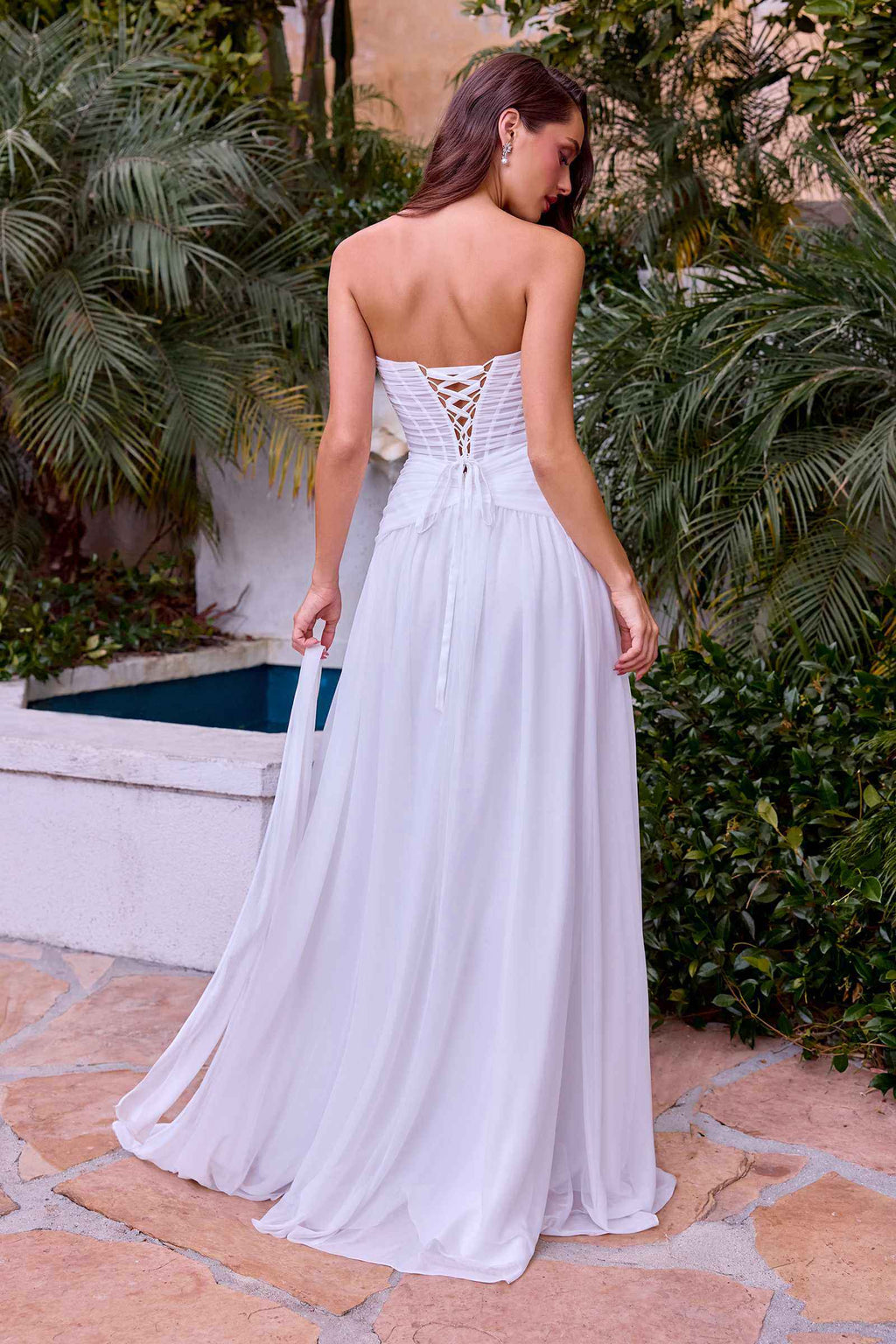 Off-white chiffon wedding dress, open back with lace-up crisscross straps and A-line skirt