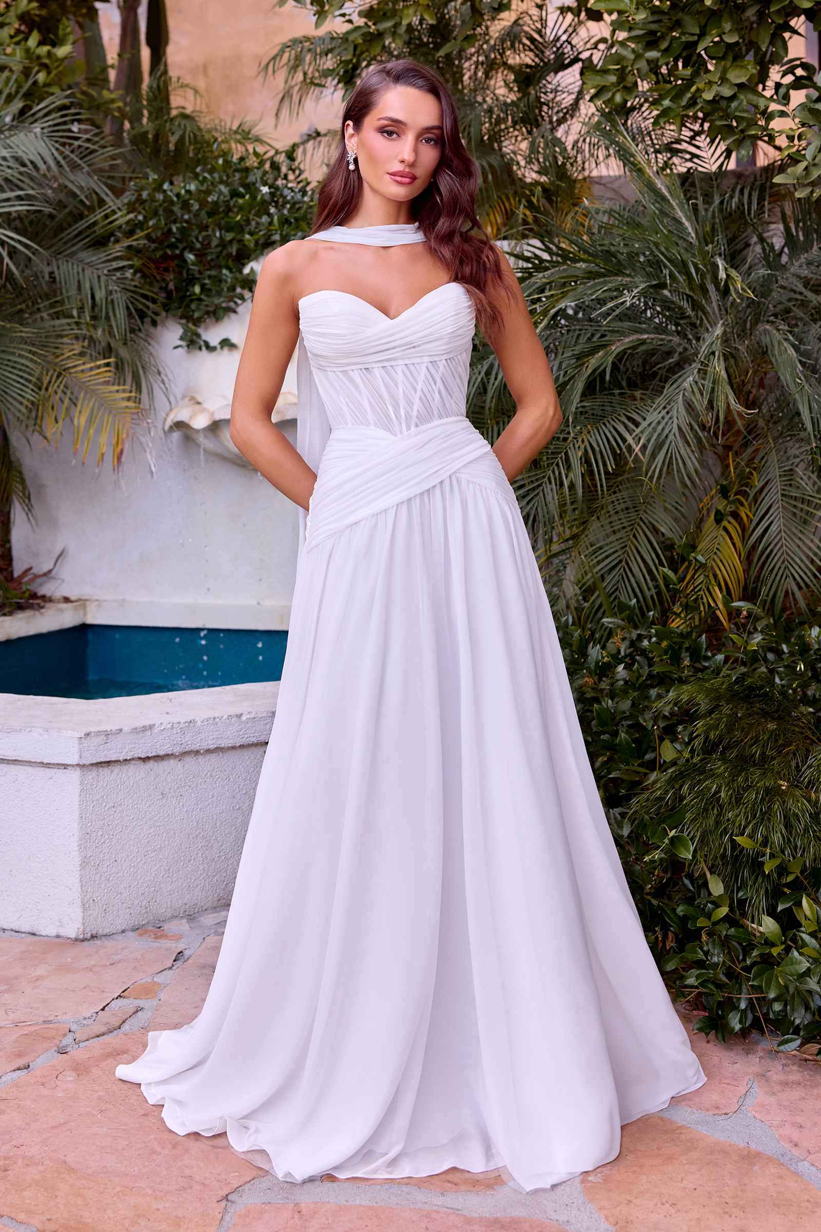 Off-white strapless A-line chiffon wedding dress with sweetheart neckline and ruched bodice