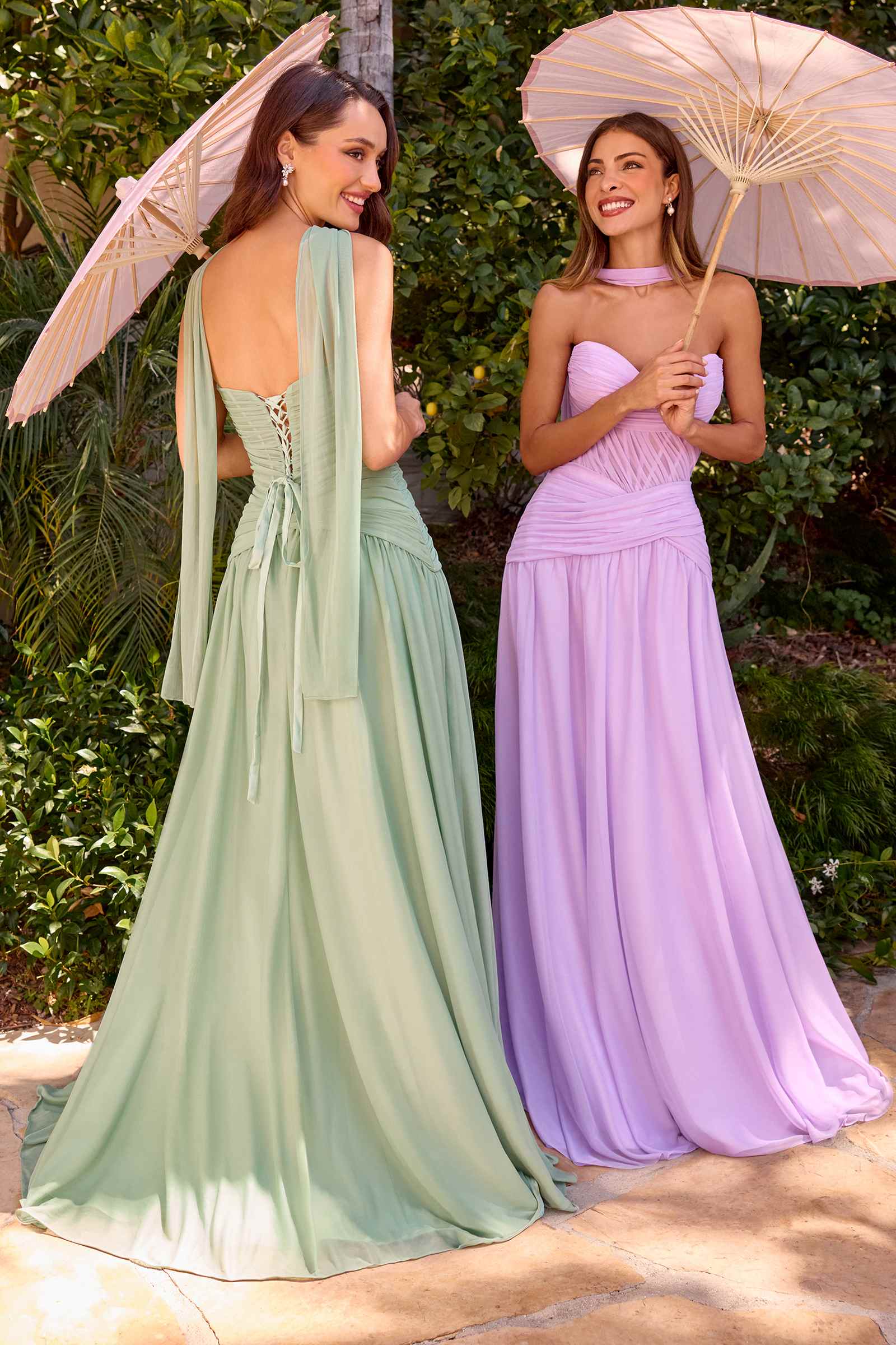 Strapless A-line flowy dress in sage green with open back and gathered waist