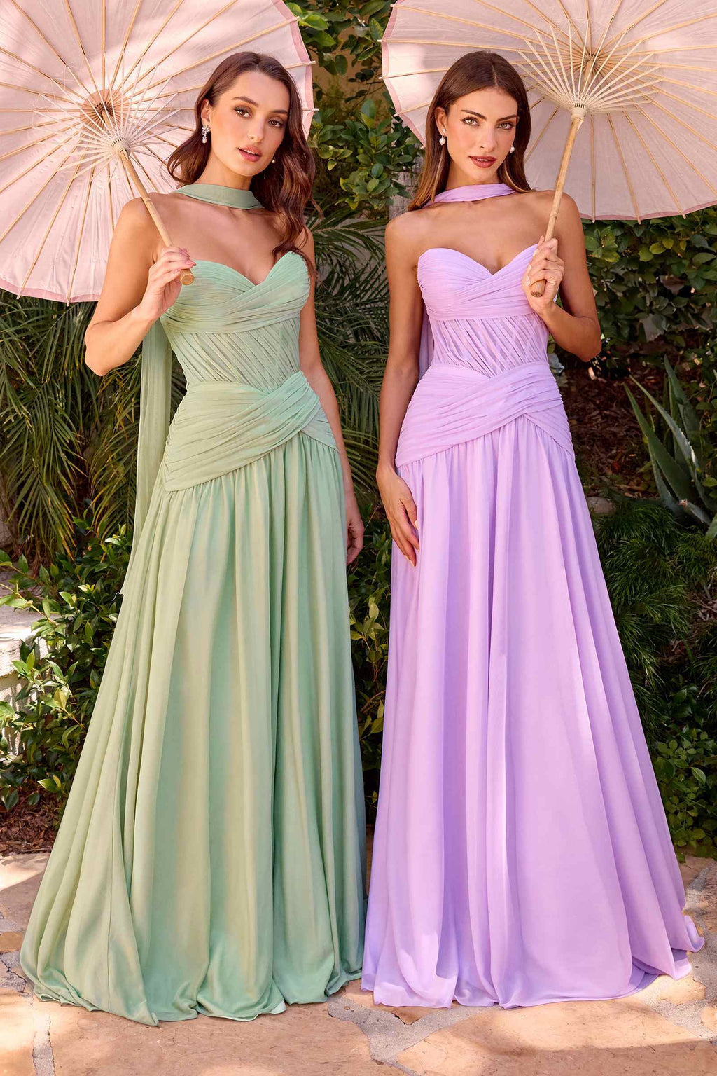 Strapless A-line flowy dresses in sage green and lavender with ruched bodices