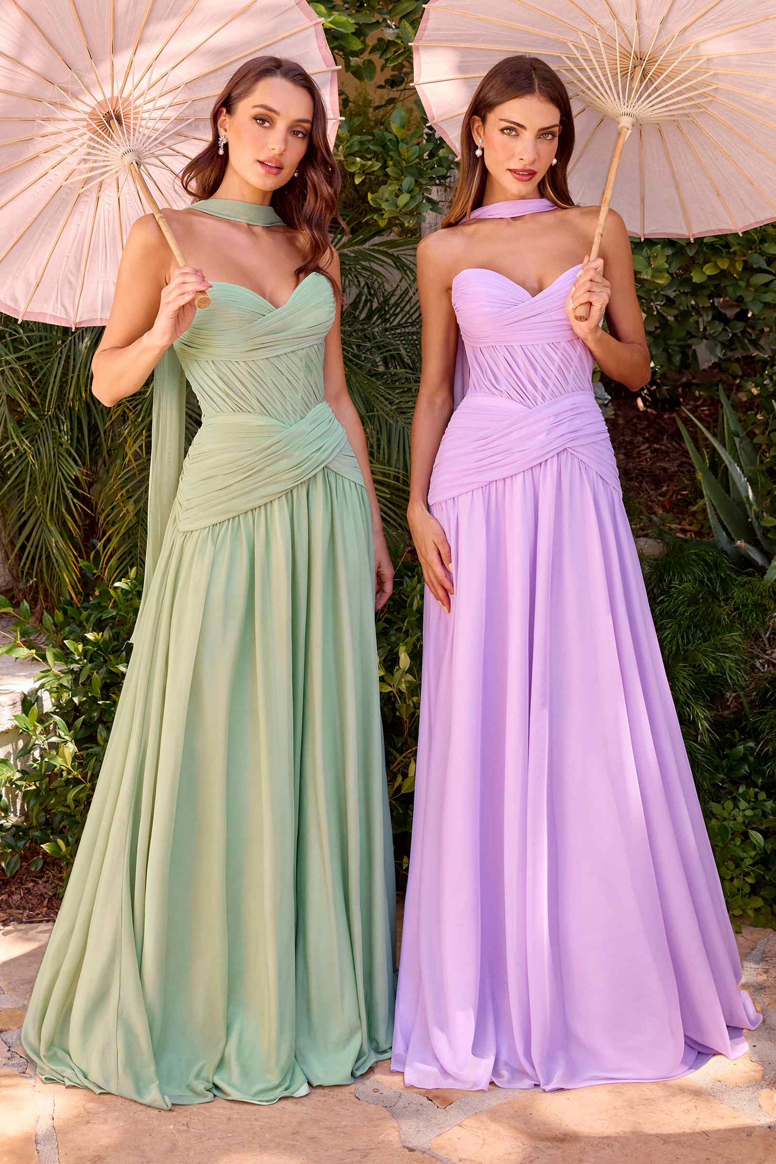 Strapless A-line flowy dresses in sage green and lavender with ruched bodices