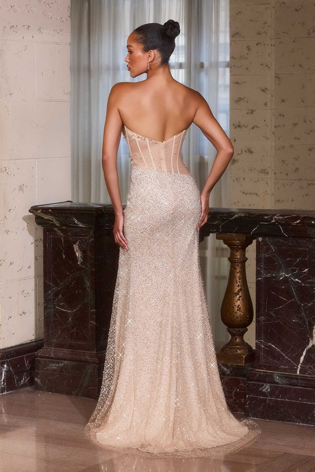 Champagne crystal-beaded fitted gown, scoop-back with sheer illusion bodice and slit
