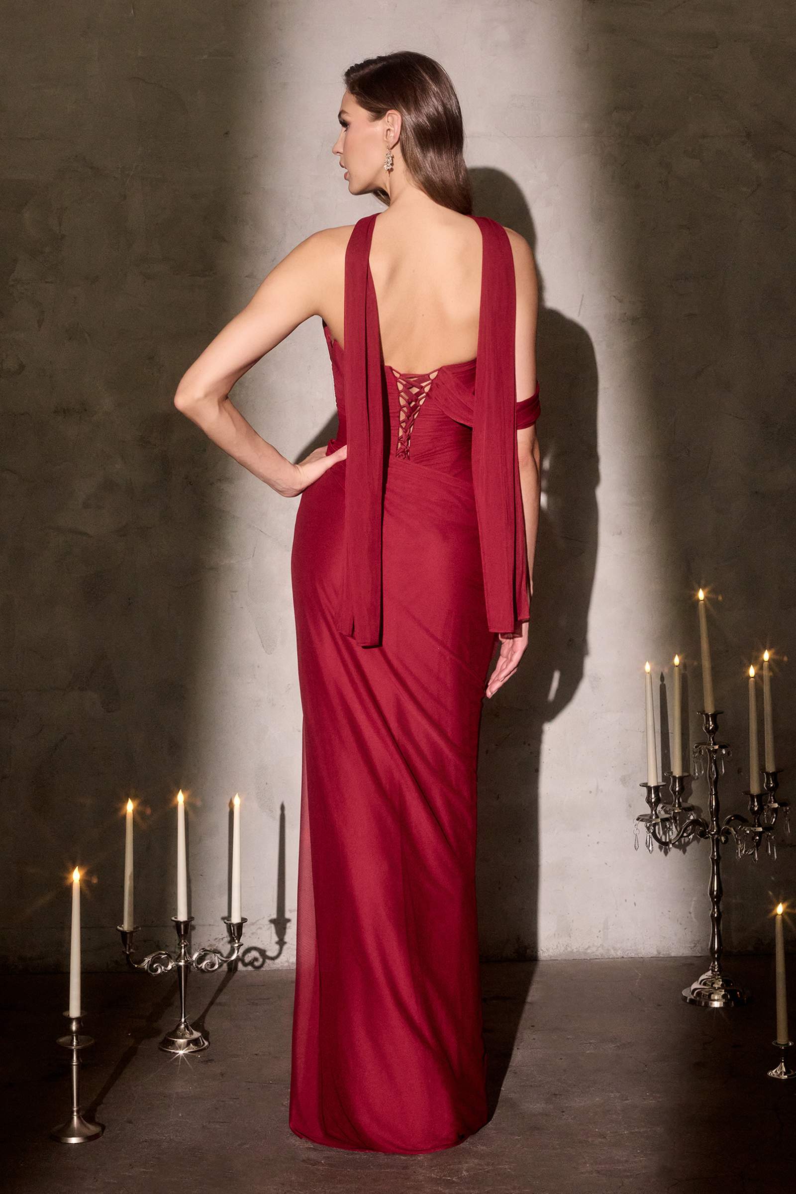 Backless sculpted pleated chiffon fitted gown in deep red, open back and slit