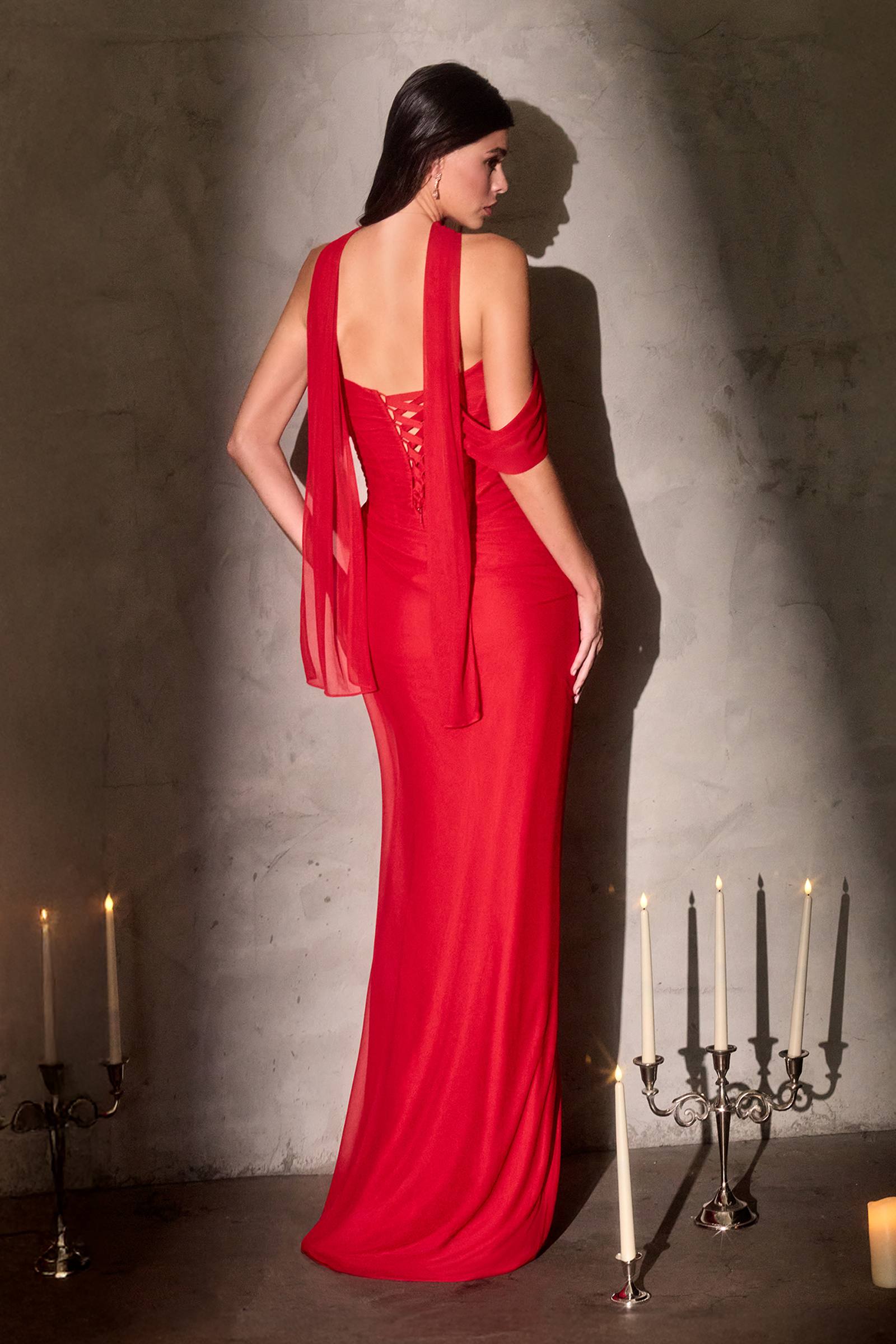 Sculpted pleated chiffon fitted gown, sleeveless with draped back and thigh-high slit, red